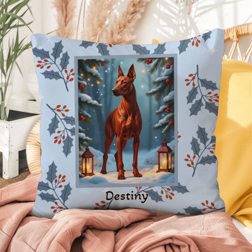 Doberman Red Pillow - Personalized winter dog throw pillow, Doberman home decor, festive accent