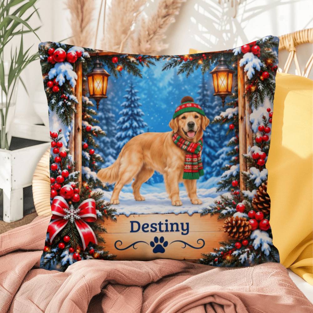 Golden Retriever (Light Golden Coat) - Personalized Snowy Woodland Pillow, Custom Dog Name Gift