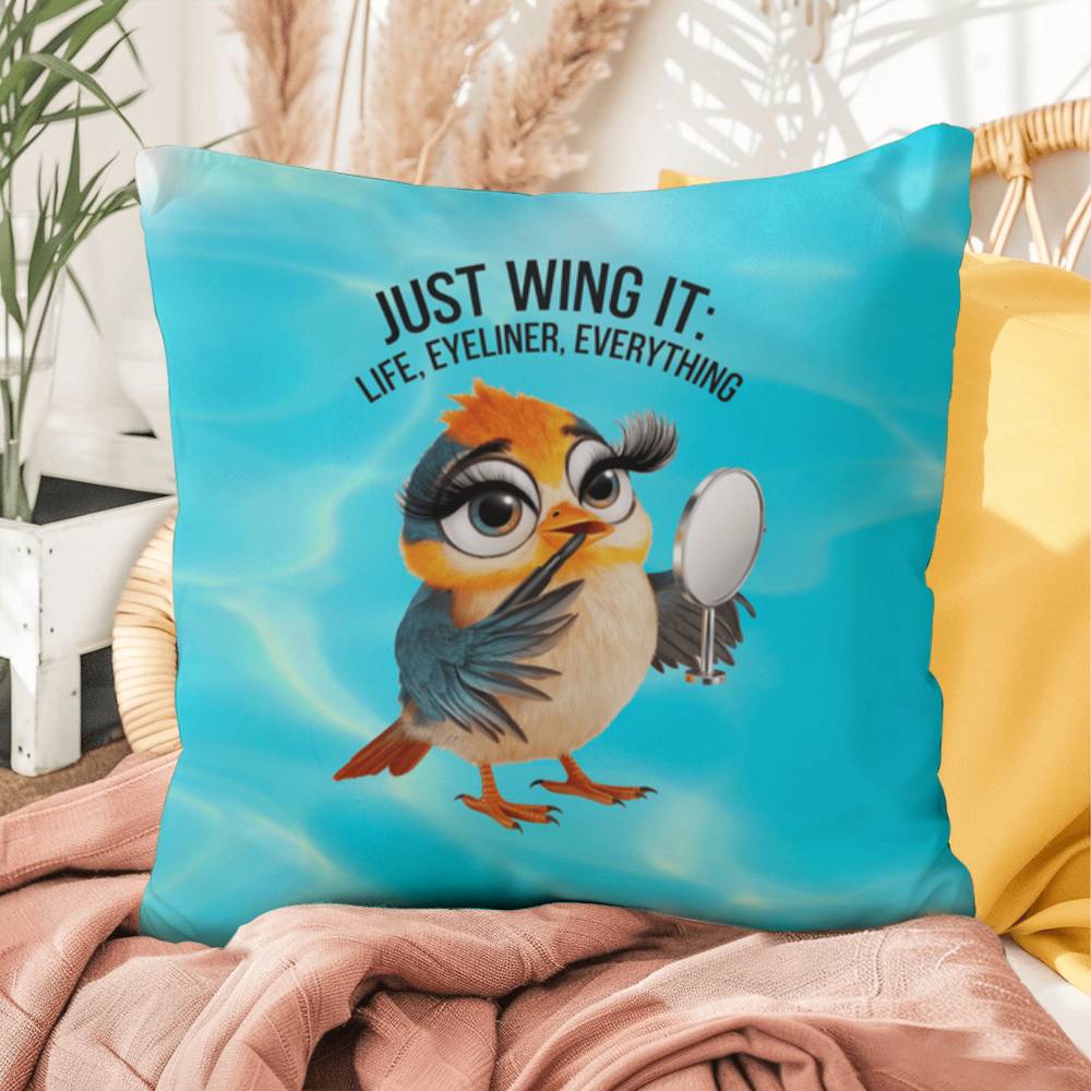 "Just Wing It: Life, Eyeliner, Everything" funny mental health mug, personalized coffee cup with affirmations for anxiety relief.