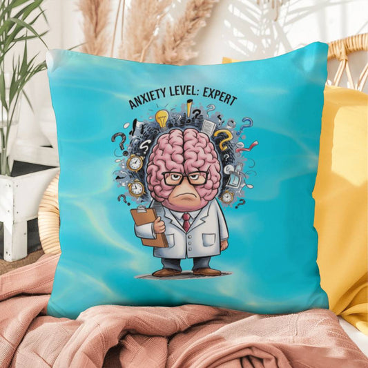Personalized "Anxiety Level: Expert" indoor/outdoor pillow, mental health decor cushion for self-care and anxiety relief.