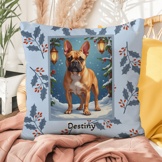 French Bulldog Fawn Pillow - Seasonal Frenchie throw pillow, indoor winter dog home accent