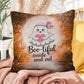 Indoor/outdoor Halloween pillow with “Boo-tiful Inside & Out” promoting positivity and self-love