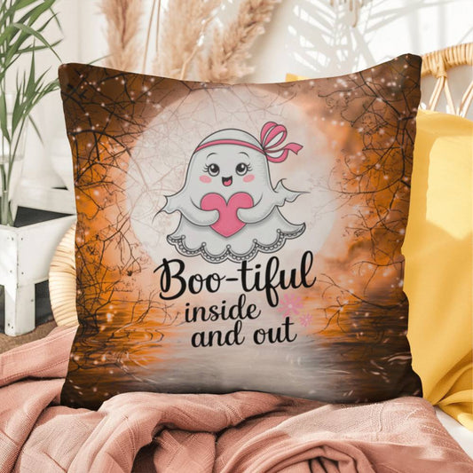 Indoor/outdoor Halloween pillow with “Boo-tiful Inside & Out” promoting positivity and self-love
