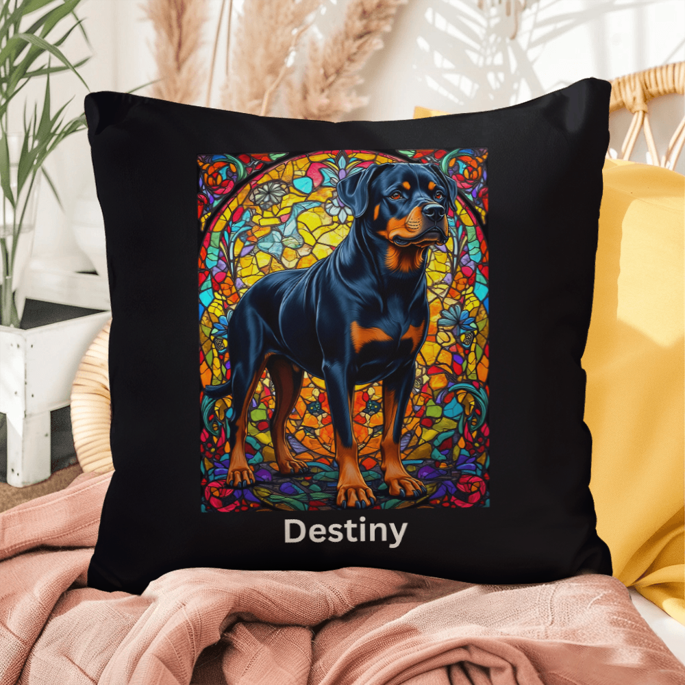 Rottweiler (Black and Rust) Indoor/Outdoor Pillow - Personalized Stained Glass Dog Tribute & Comfort Gift
