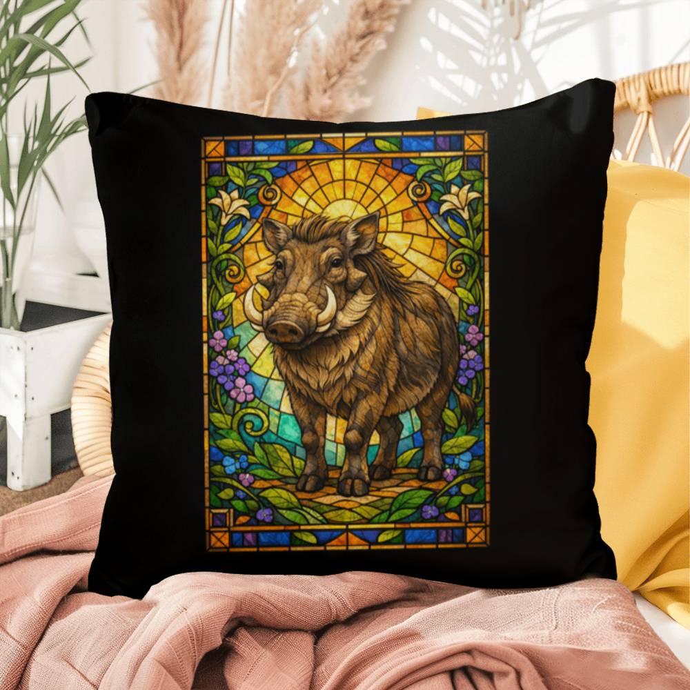 Shop our warthog stained glass style throw pillow featuring the 16" x 16" style option from MySisterIsASurvivor.