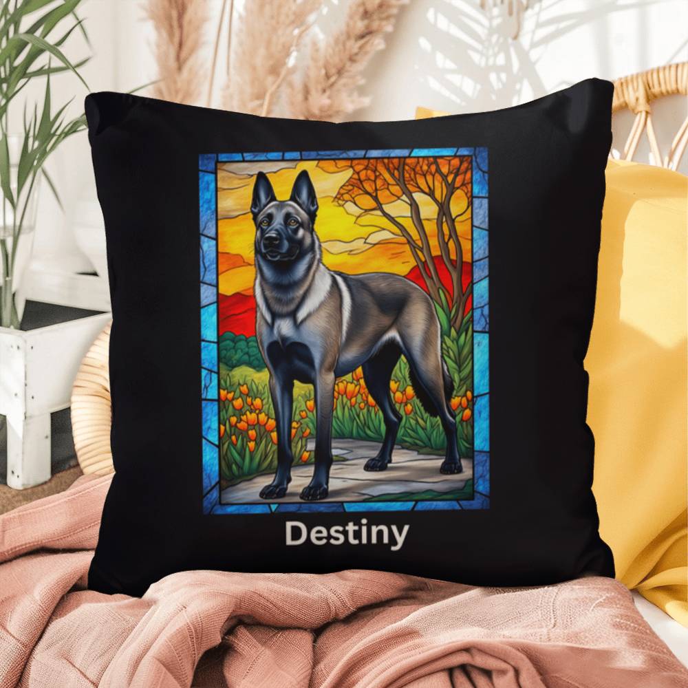 Belgian Malinois (Gray Sable) Indoor/Outdoor Pillow - Personalized Stained Glass Dog Tribute & Comfort Gift
