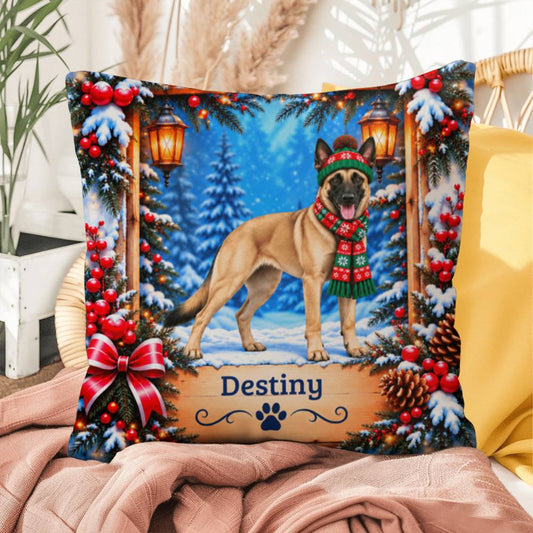 Belgian Malinois (Fawn Coat) - Personalized Snowy Woodland Pillow, Indoor Outdoor Dog Name Gift - MySisterIsAsurvor