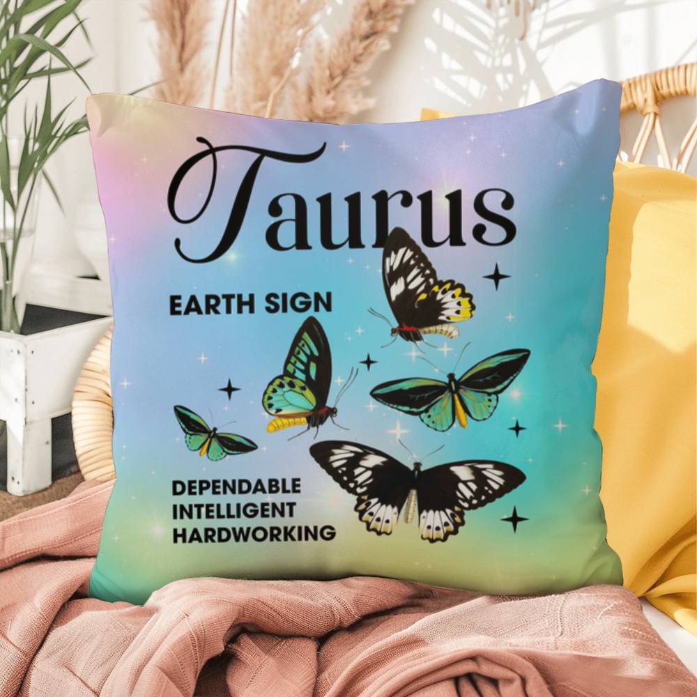 Taurus Butterfly Indoor/Outdoor Pillow – Zodiac Astrology Decor, Boho Accent for Home & Patio