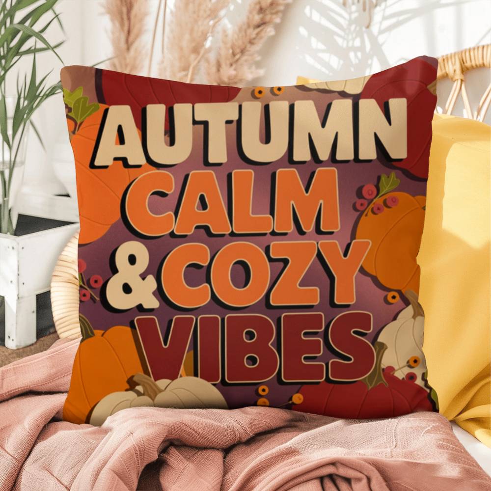 Autumn Calm & Cozy Vibes throw pillow in bright fall colors with mindful quote for Thanksgiving home décor