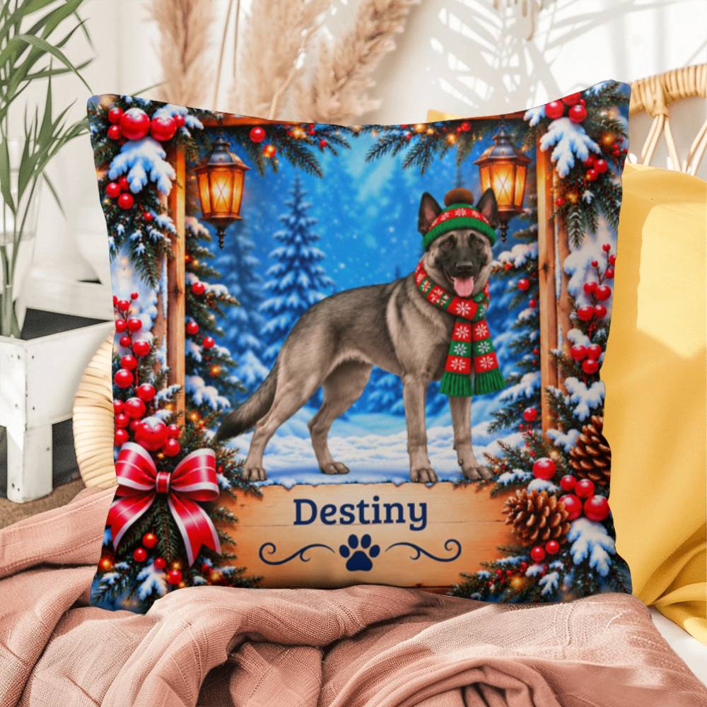 Belgian Malinois (Gray Sable Coat) - Personalized Winter Forest Pillow, Custom Dog Name Gift