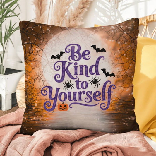 Inspirational Halloween indoor/outdoor pillow featuring “Be Kind To Yourself” for self-care and positivity