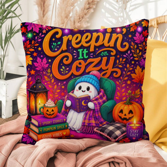 Creepin It Cozy design with pumpkins and cozy Halloween artwork perfect for fall decorating