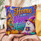 Home Is My Happy Haunt design with cozy ghost house artwork on a Halloween throw pillow