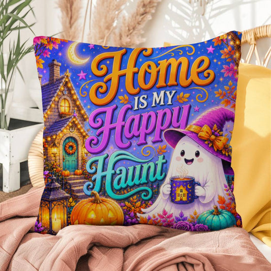 Home Is My Happy Haunt design with cozy ghost house artwork on a Halloween throw pillow