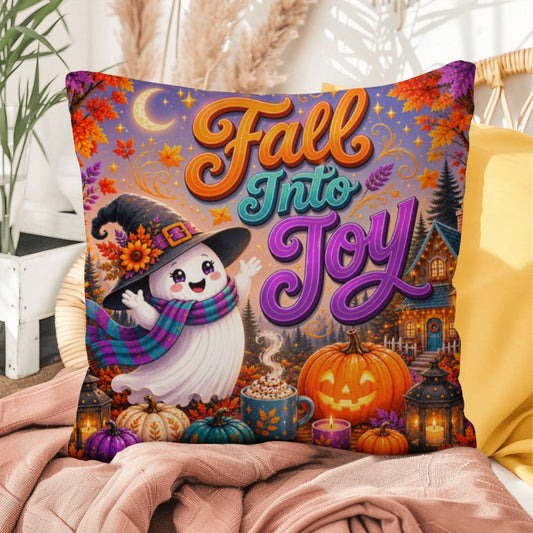 Fall Into Joy message with ghost and witch artwork on a cheerful Halloween throw pillow