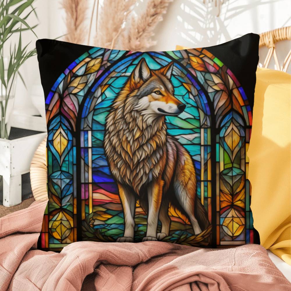 Wolf stained glass throw pillow, forest wildlife decor, indoor outdoor cozy home accent