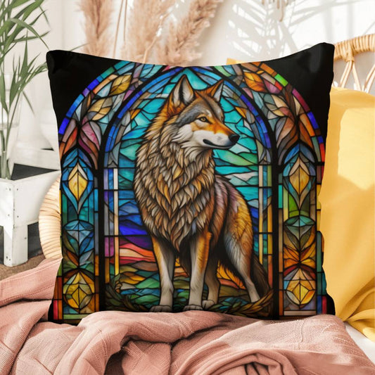 Wolf stained glass throw pillow, forest wildlife decor, indoor outdoor cozy home accent