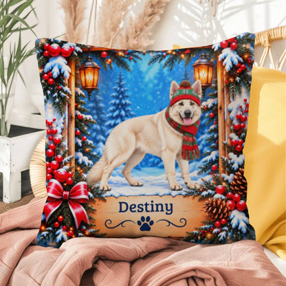 German Shepherd (White Coat) - Personalized Snowy Woodland Pillow, Winter Gift for Dog Lovers