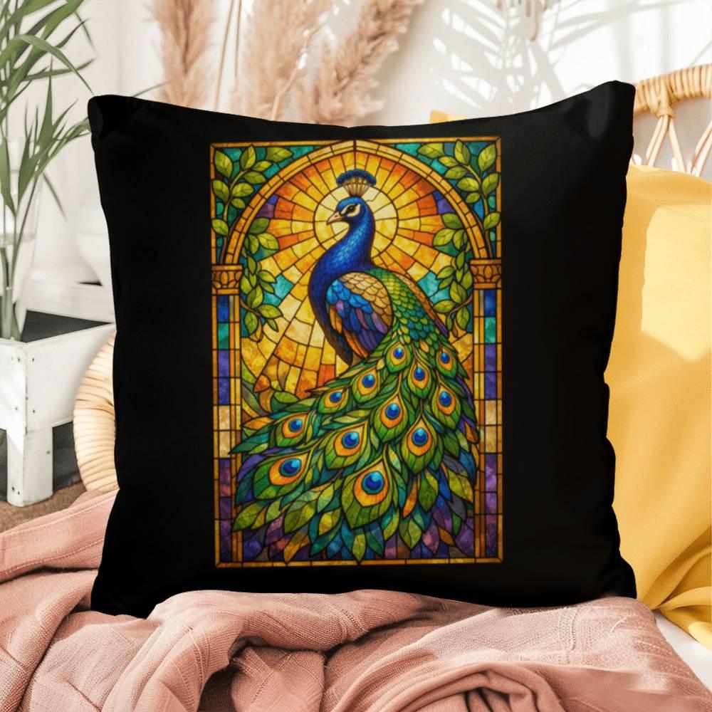 Shop our peacock stained glass style throw pillow featuring the 16" x 16" style option from MySisterIsASurvivor.