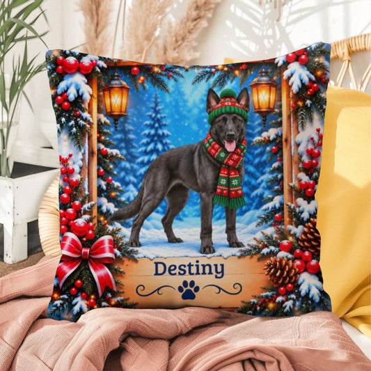 Belgian Malinois (Black Coat) - Personalized Snowy Forest Pillow, Indoor Outdoor Dog Name Gift - MySisterIsAsurvor