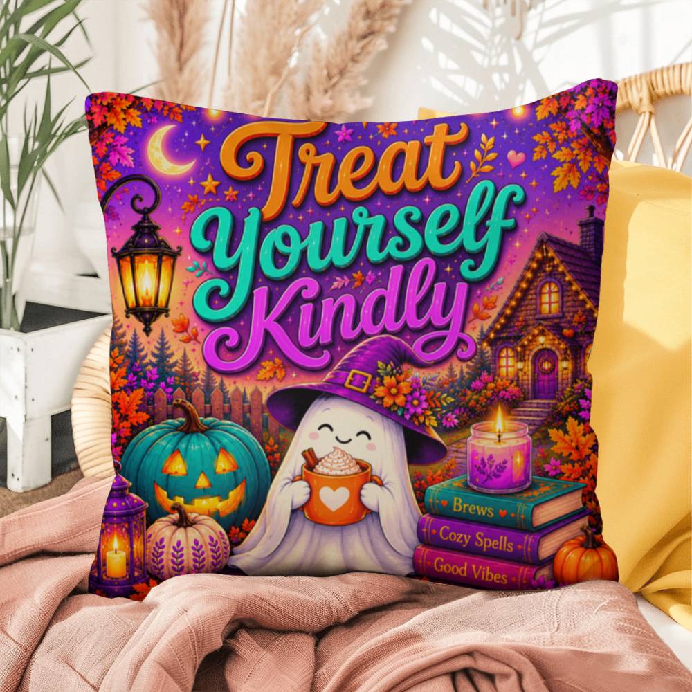 Treat Yourself Kindly message with self care inspired Halloween artwork on a decorative pillow
