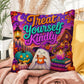 Treat Yourself Kindly message with self care inspired Halloween artwork on a decorative pillow