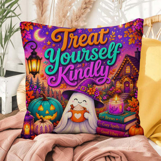 Treat Yourself Kindly message with self care inspired Halloween artwork on a decorative pillow