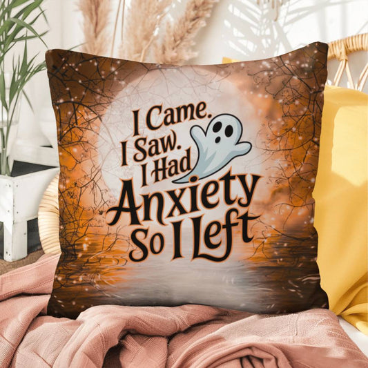 Funny Halloween indoor/outdoor pillow with “I Came. I Saw. I Left.” for seasonal humor