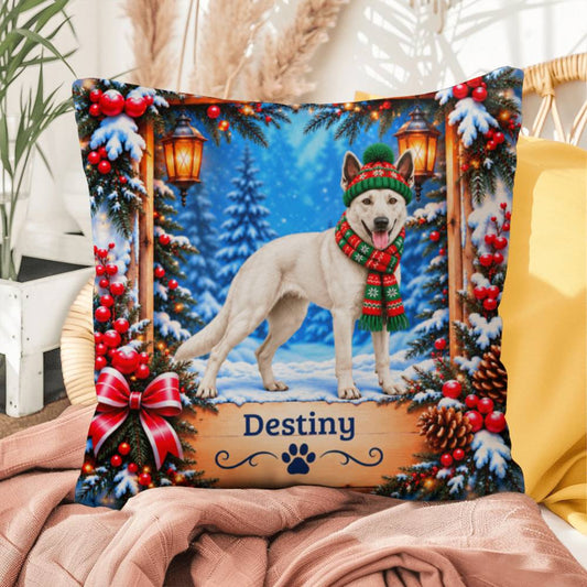Belgian Malinois (White Coat) - Personalized Snowy Woodland Pillow, Custom Dog Name Winter Gift - MySisterIsAsurvor