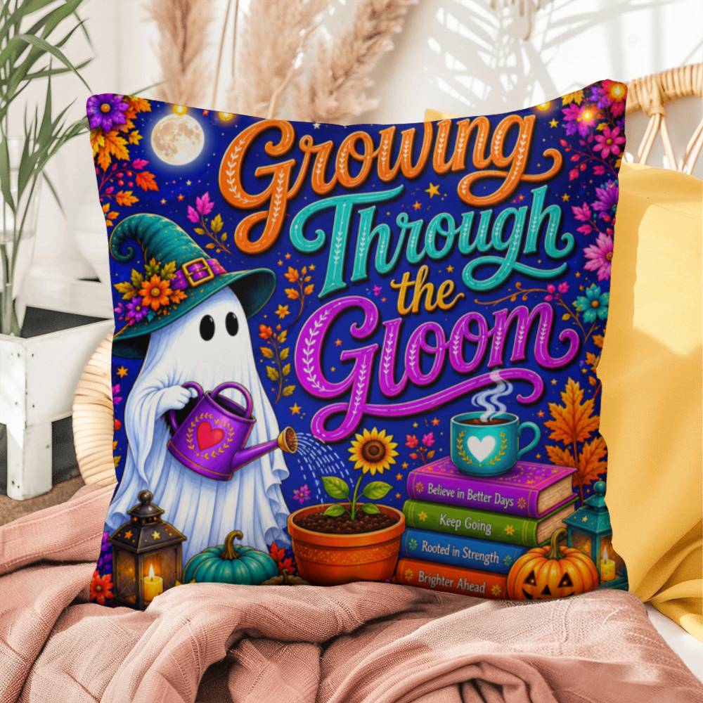 Growing Through The Gloom Halloween Throw Pillow - Trauma Recovery Survivor Gift