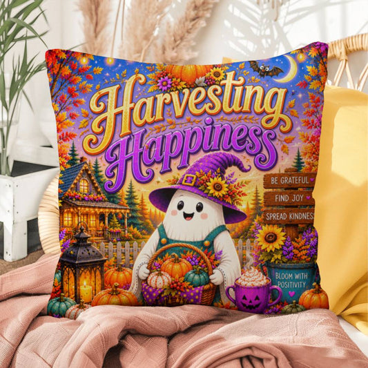 Harvesting Happiness quote with autumn harvest artwork on a Halloween throw pillow promoting gratitude
