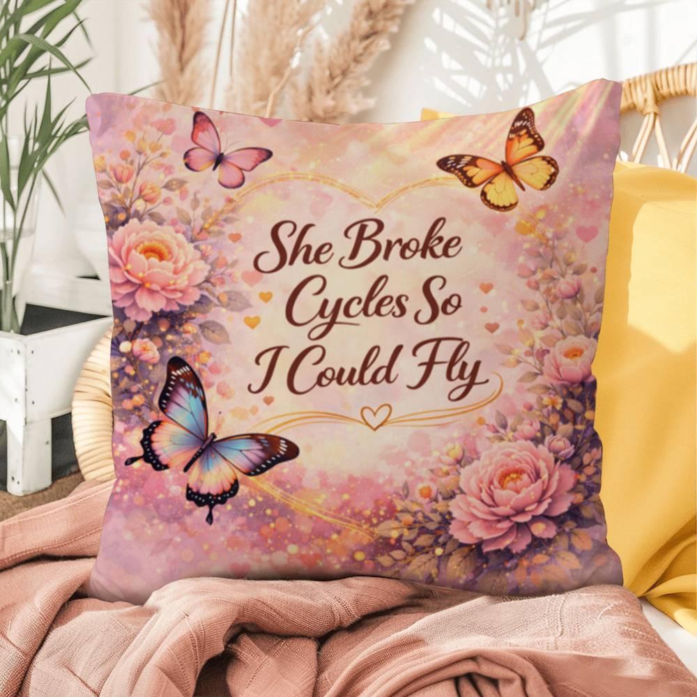 Shop our premium she broke cycles so i could fly throw pillow from MySisterIsASurvivor.