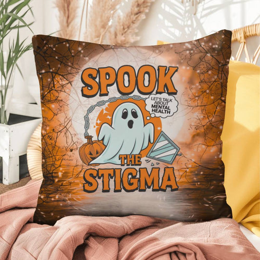 Ghost-themed indoor/outdoor Halloween pillow with “Spook The Stigma” for mental health awareness