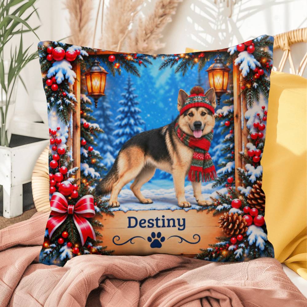 German Shepherd (Reverse Mask) - Personalized Winter Lodge Pillow, Custom Name Gift for GSD Fans