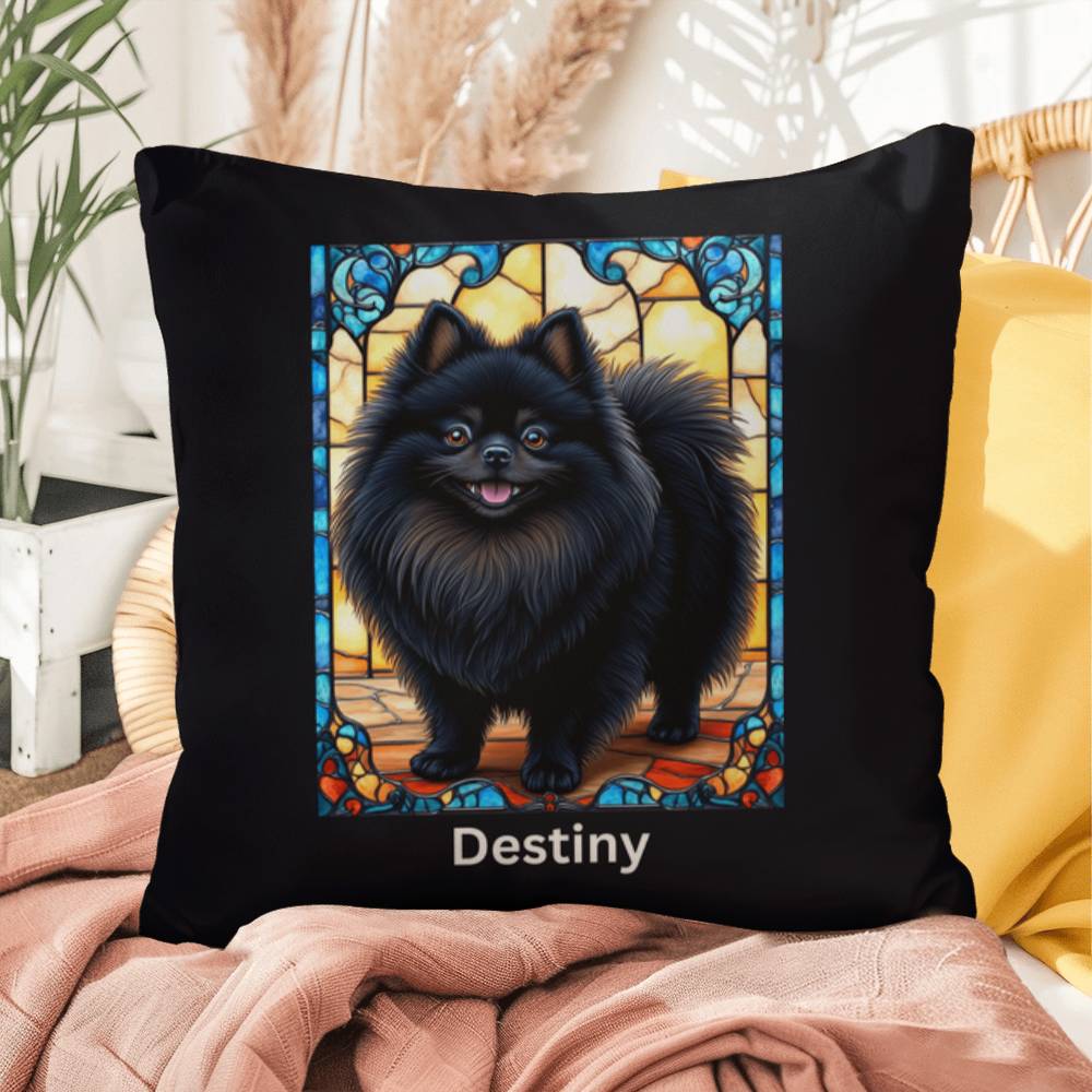 Pomeranian (Black) Indoor/Outdoor Pillow - Personalized Stained Glass Dog Tribute & Comfort Gift