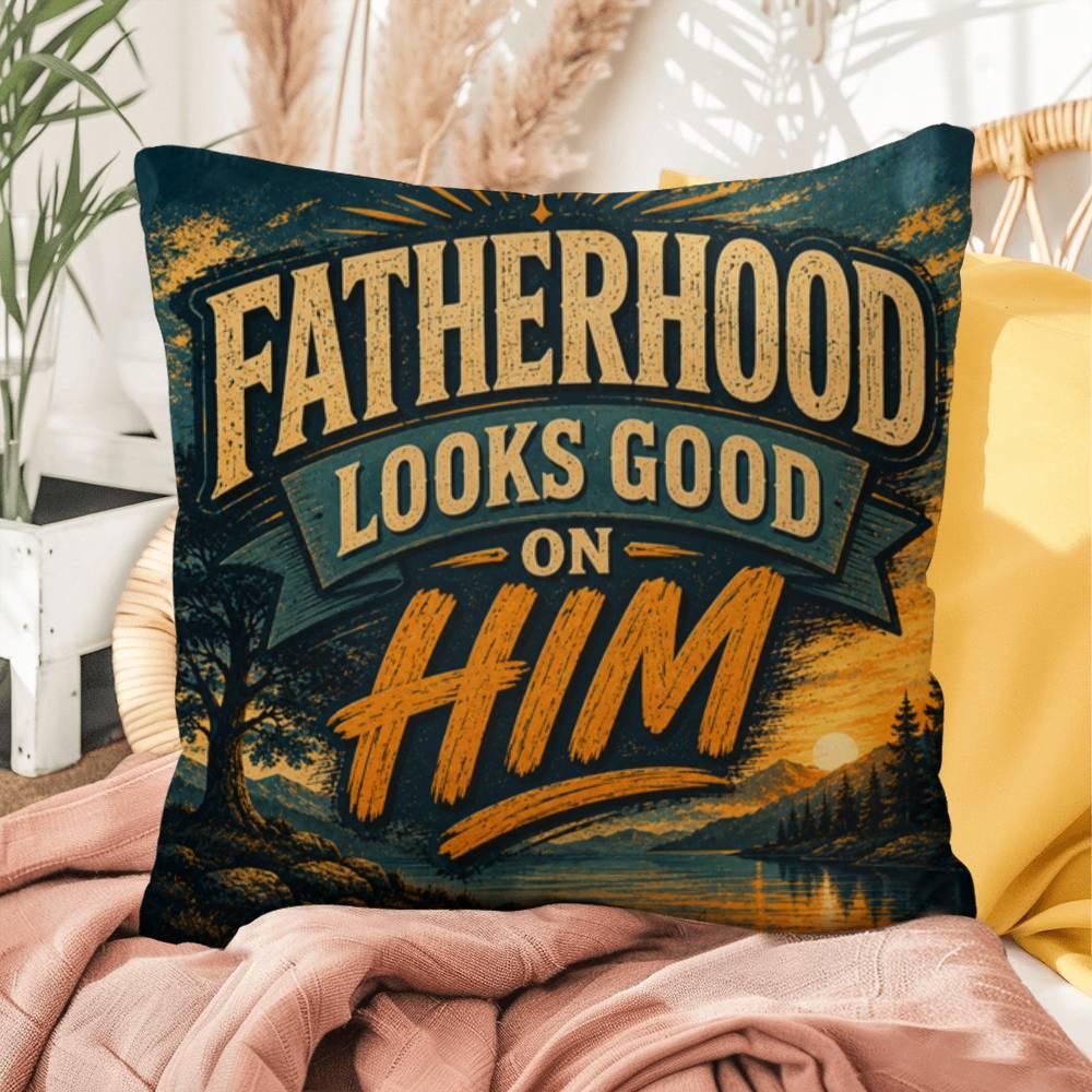 Shop our premium fatherhood looks good on him throw pillow from MySisterIsASurvivor.