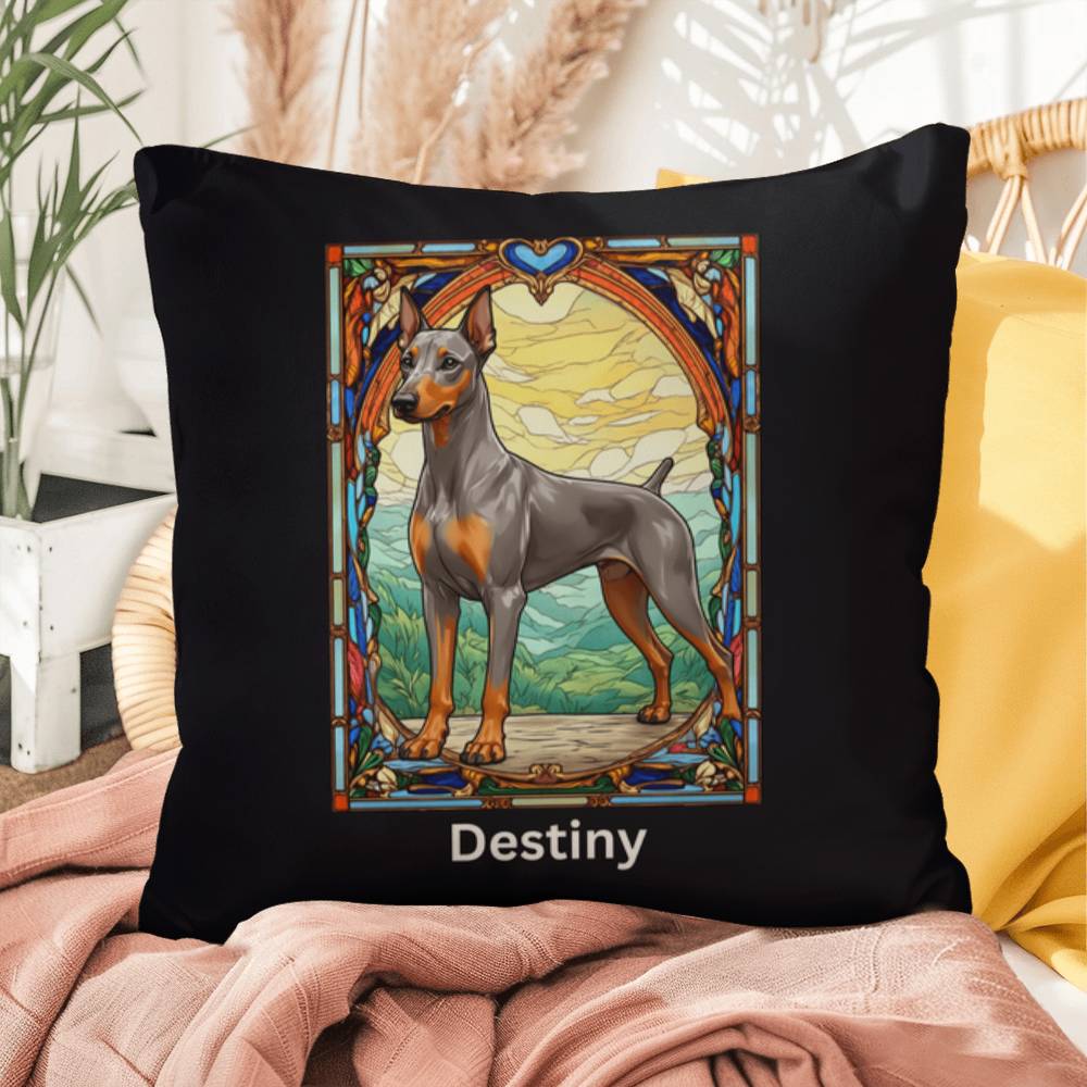 Doberman Pinscher (Fawn [Isabella] & Rust) Indoor/Outdoor Pillow - Personalized Stained Glass Dog Tribute & Comfort Gift