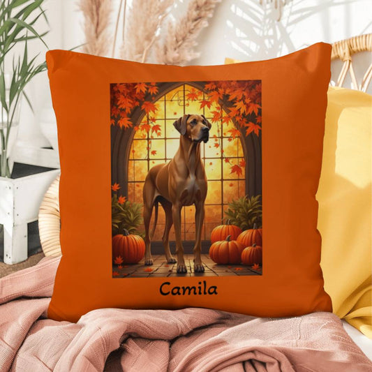 Fawn Great Dane throw pillow with custom name, soft personalized indoor outdoor cushion for Great Dane moms, dads, and devoted dog owners.