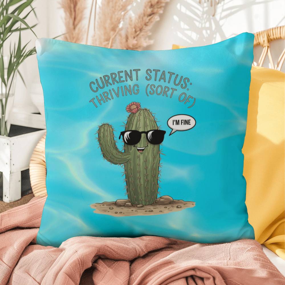 "Current Status: Thriving (Sort Of)" indoor/outdoor pillow, mental health support cushion for anxiety relief and relaxation.