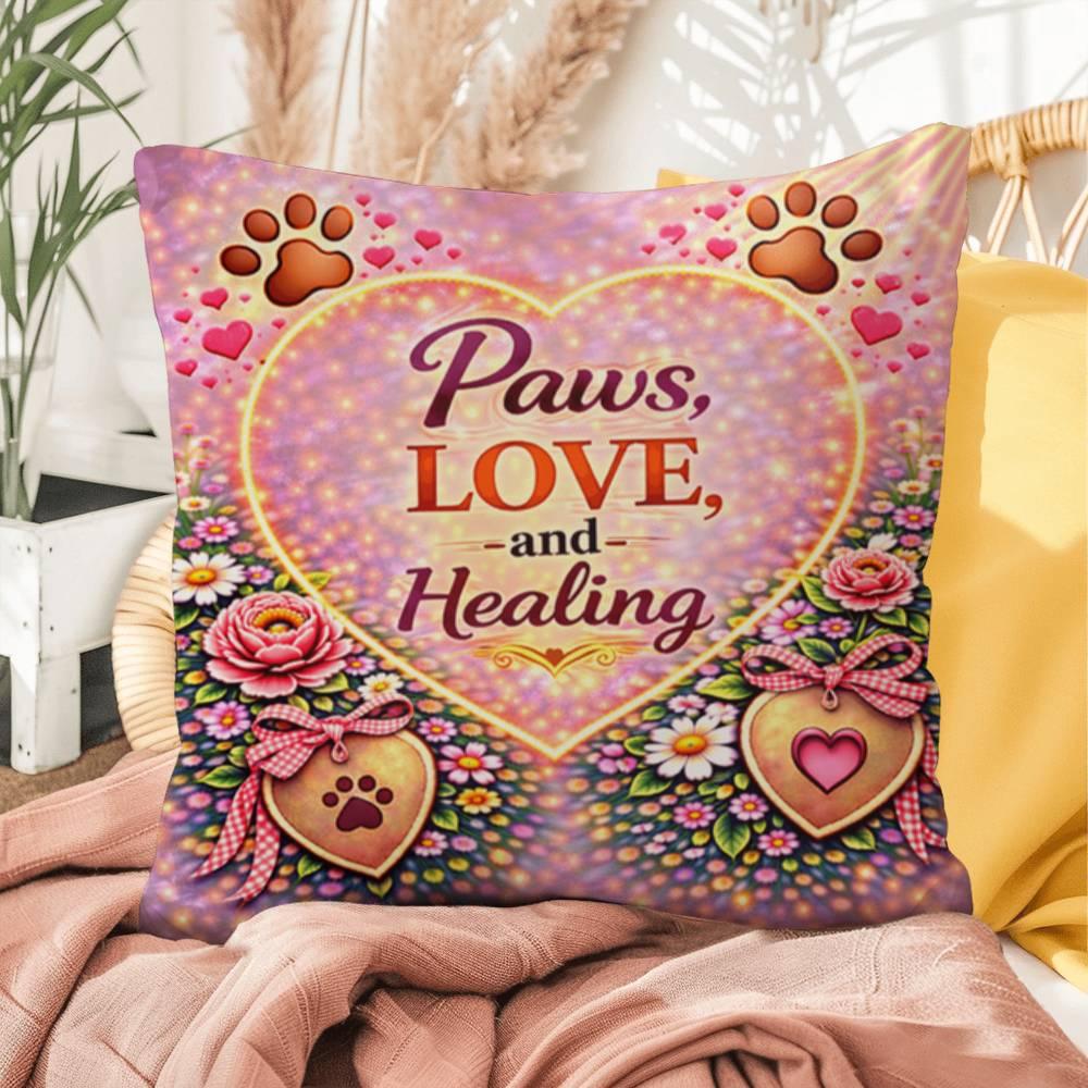Shop our premium paws love and healing throw pillow from MySisterIsASurvivor.