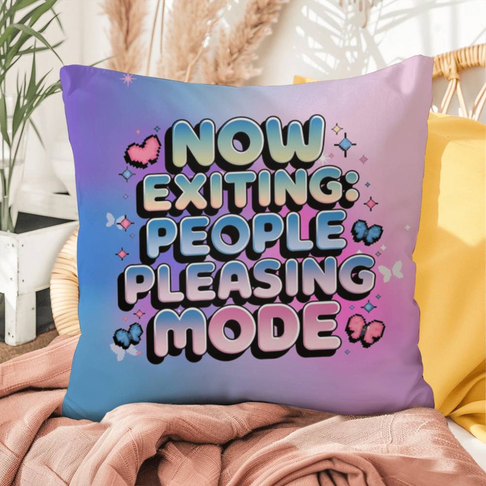 Custom Y2K pillow featuring "Now Exiting: People Pleasing Mode" in retro digital font with sparkles and butterflies on a bright white backdrop