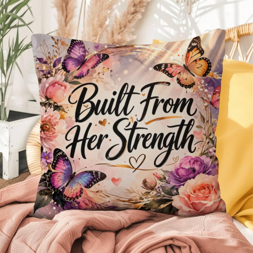 Shop our premium built from her strength throw pillow from MySisterIsASurvivor.