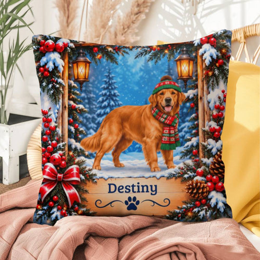Golden Retriever (Dark Golden Coat) - Personalized Winter Lodge Pillow, Custom Dog Name Gift - MySisterIsAsurvor