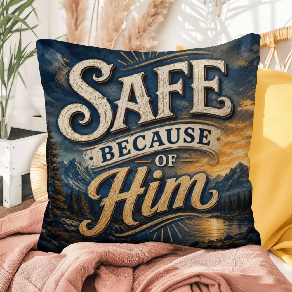 Shop our premium safe because of him throw pillow from MySisterIsASurvivor.