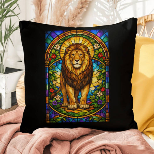 Lion stained glass style throw pillow with majestic safari animal artwork for home decor
