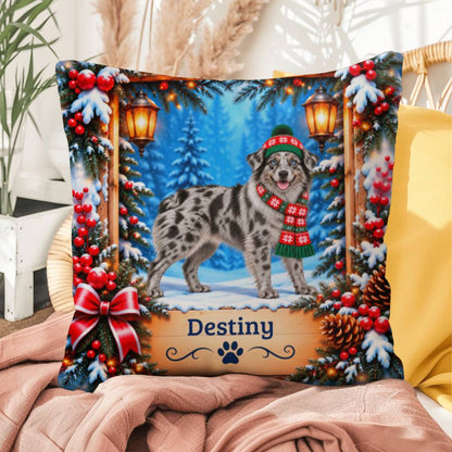Australian Shepherd (Solid Blue Merle Coat) - Personalized Blue-Eyed Dog Pillow, Snowy Lodge Decor