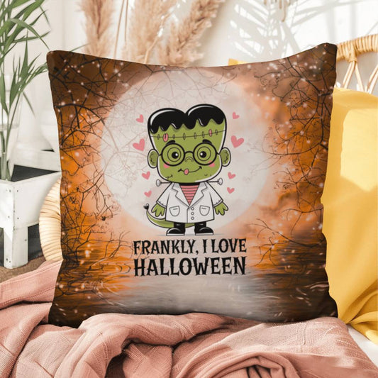 Frankenstein-inspired indoor/outdoor Halloween pillow with “Frankly I Love Halloween”