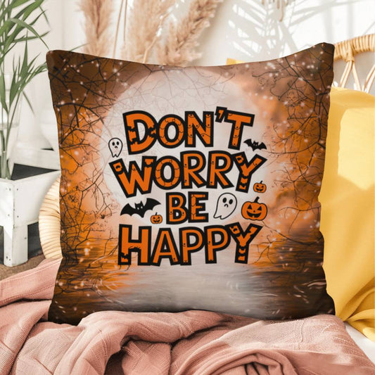 Skeleton-themed Halloween indoor/outdoor pillow with “Don’t Worry Be Happy” for mental health encouragement