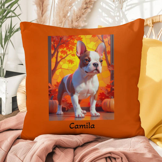 Red Pied French Bulldog pillow, personalized indoor outdoor dog cushion, custom Frenchie decor - MySisterIsASurvivor