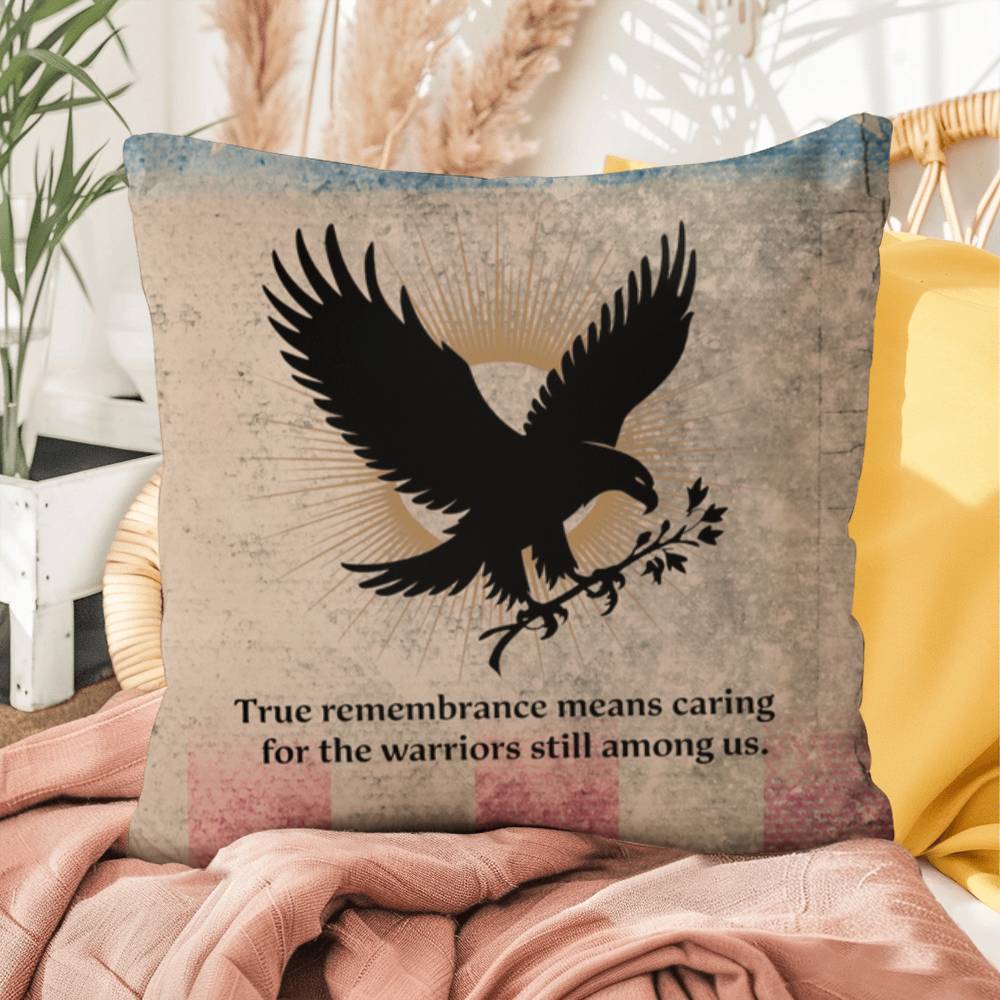 True Remembrance Means Caring Indoor/Outdoor Pillow: Resilient Comfort - Mental Health & Memorial Tribute